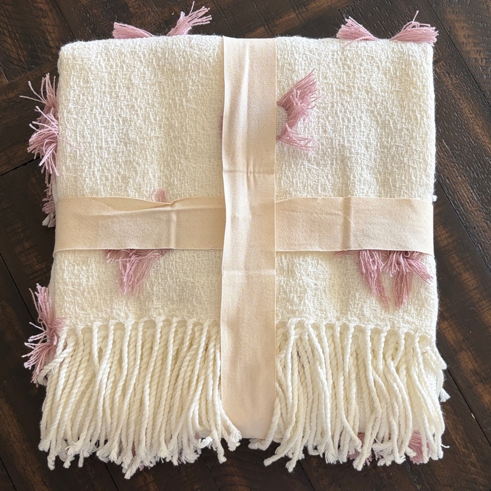 Cream and Pink Fringed Throw Blanket
